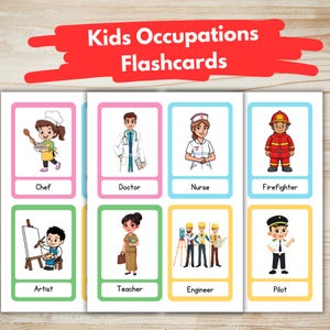 May include: Flashcards featuring illustrations of various occupations, including a chef, doctor, nurse, firefighter, artist, teacher, engineer, and pilot. Each card has a colorful border and the occupation's name.