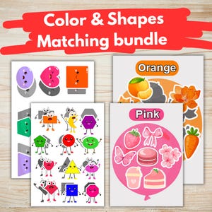 Puede incluir: Un conjunto de tarjetas educativas de emparejamiento con el texto "Color & Shapes Matching bundle". Las tarjetas presentan formas y objetos coloridos, incluyendo un corazón, una naranja, una fresa y una zanahoria. Las tarjetas están diseñadas para el aprendizaje y el juego.