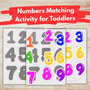 May include: A learning activity for toddlers featuring number matching. The image shows gray number cards with colorful, bubble-style numbers 1-9. The text "Numbers Matching Activity for Toddlers" is in a red banner at the top.