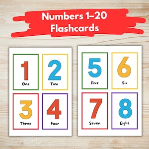 May include: Two flashcards with numbers 1-8. Each card has a number in a bold color, with the word spelled out below. The numbers are in red, blue, orange, and green, with the words "One", "Two", "Three", "Four", "Five", "Six", "Seven", and "Eight". The text "Numbers 1-20 Flashcards" is at the top.