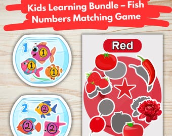 Peut inclure: Un ensemble d'apprentissage pour enfants avec un jeu d'association de nombres sur le thème des poissons et un jeu d'association de couleurs. Le jeu de poissons comprend des aquariums avec des chiffres et des poissons. Le jeu de couleurs présente des objets rouges.