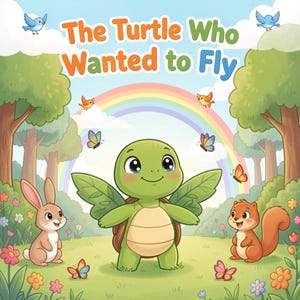 Op de afbeelding: Kinderboekcover met de titel "The Turtle Who Wanted to Fly". De illustratie toont een groene schildpad met blad-vleugels, een regenboog, vlinders, een konijn en een eekhoorn in een kleurrijke buitenscène.