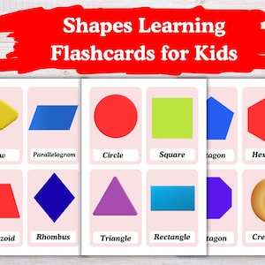 May include: Shapes learning flashcards for kids. The flashcards feature various shapes, including a yellow arrow, blue parallelogram, red circle, green square, and red hexagon. Each card has the shape's name below it.