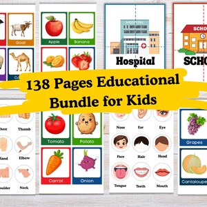 Peut inclure: Ensemble éducatif pour enfants avec des cartes illustrées d'animaux, de fruits, de légumes, de parties du corps et de bâtiments. Le texte "138 Pages Educational Bundle for Kids" est en jaune. Mesures en cm.