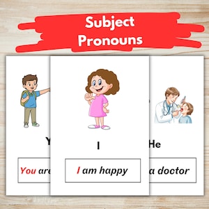 Könnte beinhalten: Lernkarten mit dem Text "Subject Pronouns" in einem roten Banner. Die Karten zeigen Illustrationen von Kindern und einem Arzt, mit Sätzen wie "I am happy" und "He is a doctor".