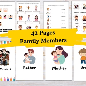 Puede incluir: Hojas de trabajo educativas para aprender sobre los miembros de la familia. La imagen muestra varias páginas con ilustraciones y ejercicios. El texto "42 Pages Family Members" se muestra de forma destacada. Las hojas de trabajo incluyen actividades de emparejamiento y vocabulario.