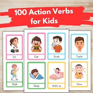 Puede incluir: Tarjetas didácticas para niños con verbos de acción. Las tarjetas presentan ilustraciones coloridas de niños realizando acciones como sentarse, comer, beber y dormir. El texto "100 Action Verbs for Kids" se muestra en rojo en la parte superior.