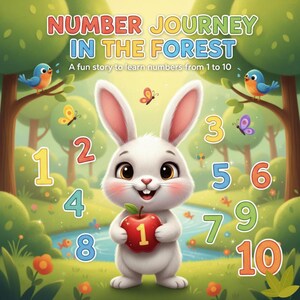 May include: A children's book cover titled "Number Journey in the Forest." A smiling white rabbit holds a red apple with the number 1. Colorful numbers 1-10 are scattered around a forest scene with butterflies and birds.