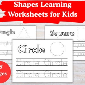 May include: White worksheets for kids with shapes like triangles, squares, and circles. Each worksheet has the shape's name and a dotted outline for tracing. The text "Shapes Learning Worksheets for Kids" is at the top.
