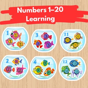 May include: Educational flashcards featuring colorful cartoon fish in fishbowls, each displaying a number from 1 to 20. The cards are designed for learning and feature the text "Numbers 1-20 Learning" at the top.