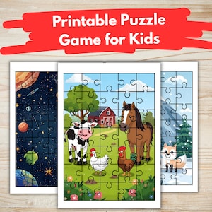 Op de afbeelding: Drie afdrukbare legpuzzels voor kinderen. Eén puzzel toont een boerderijtafereel met een koe, paard en kippen. Een andere toont een ruimtescène met planeten en sterren. De derde toont een wintertafereel met een vos.