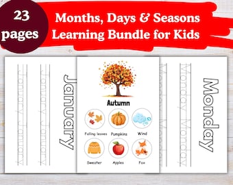 Maanden, dagen en seizoenen afdrukbare bundel voor kinderen | Leerwerkbladen voor kleuters | Pdf activiteiten Fun Time Concepts | Educatieve printables