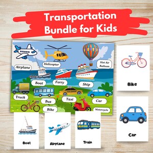 以下が含まれることがあります： 「Transportation Bundle for Kids」と題された、飛行機、ヘリコプター、ボート、バス、車など、さまざまな乗り物のイラストが描かれたカラフルな教育ポスター。乗り物の名前が書かれた個別のフラッシュカードも含まれています。