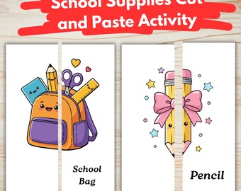 Knip- en plakactiviteit schoolbenodigdheden | 26 afdrukbare pagina's | Matching en fijne motoriek | Werkbladen voor voorschools leren