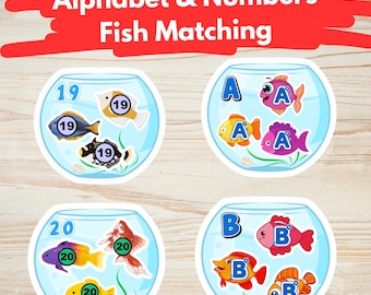 Pacote completo de jogos de correspondência de alfabeto e números com peixes | Aprenda as letras de A a Z e os números de 1 a 20 | Atividades imprimíveis para pré-escola | Montessori