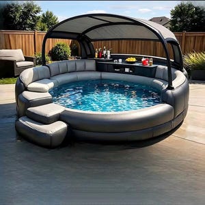 Puede incluir: Una piscina inflable circular de color gris oscuro y gris claro con una zona de asientos curva integrada, un toldo a juego y un estante trasero con botellas y un cuenco de limones. La piscina incluye dos escalones para entrar y salir.