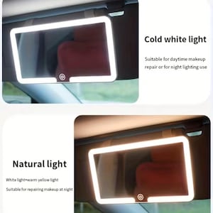 May include: A car visor mirror with a bright white LED frame. The mirror has a power button and is shown with both cold white and natural light settings. Text on the image reads "Cold white light" and "Natural light".