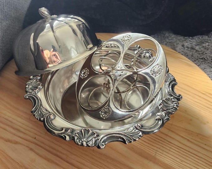 Featured listing image: Vintage Sheffield Silver-Plated Egg Cruet Set - English Rococo Style