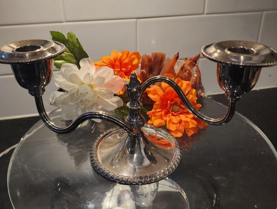 Vintage Silver-Plated Double Arm Candelabra | Georgian Style | Rope Edge Silver Candle Holder