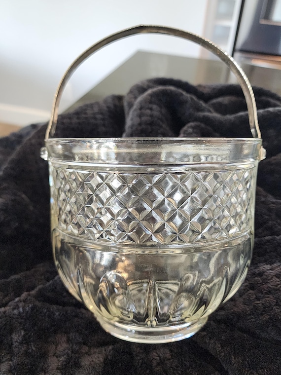 Vintage Pressed Glass Ice Bucket: Diamond Pattern Mid-Century Barware