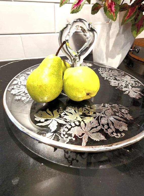 Vintage Silver Overlay Glass Serving Tray - Floral Etched Handle