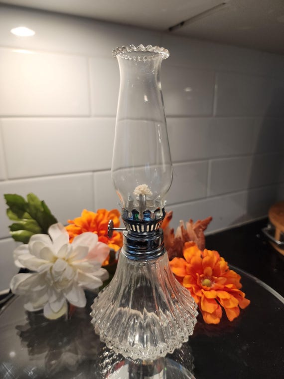 Vintage Clear Glass Mini Oil Lamp with Scalloped Chimney — Never Used