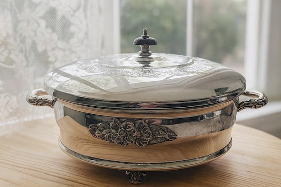 Vintage Primrose Plate Silver-Plated Casserole Dish – Floral Handles, Glass Insert