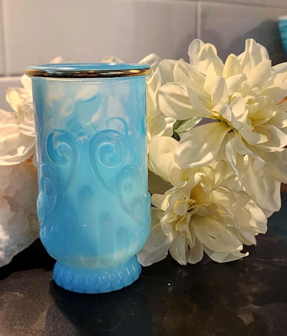 Vintage Avon Blue Opaline Vase: Gold Rim Swirl, 1970s Milk Glass