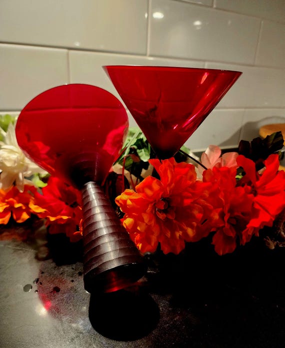 Vintage Mikasa Ruby Red Martini Glasses – Modern Cone Stem, Set of 2