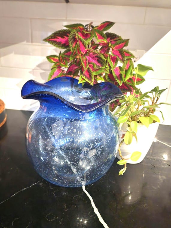 Vintage Cobalt Blue Bubble Glass Vase: Mid-Century Art Glass