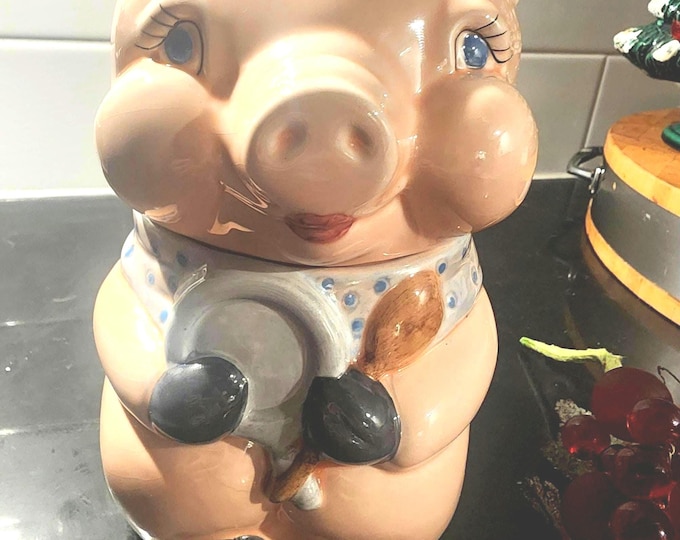 Featured listing image: Vintage Pink Pig Cookie Jar | 7" Ceramic Kitchen Canister, Farmhouse Decor