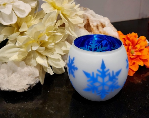 Partylite Snowflake Votive Candle Holder: Blue & Frosted Glass (Original Box)