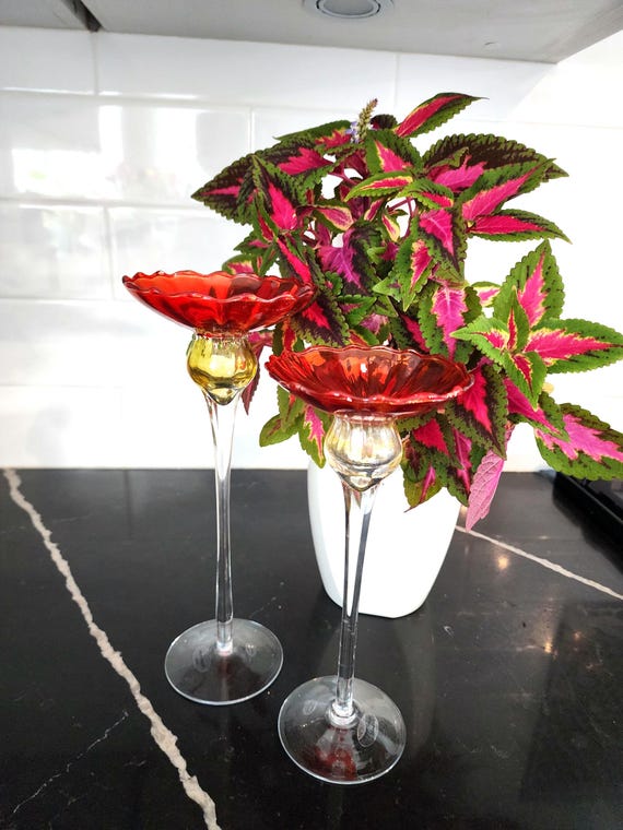 Vintage Red Amber Art Glass Compotes - Hand-Blown Candle Holder Pair