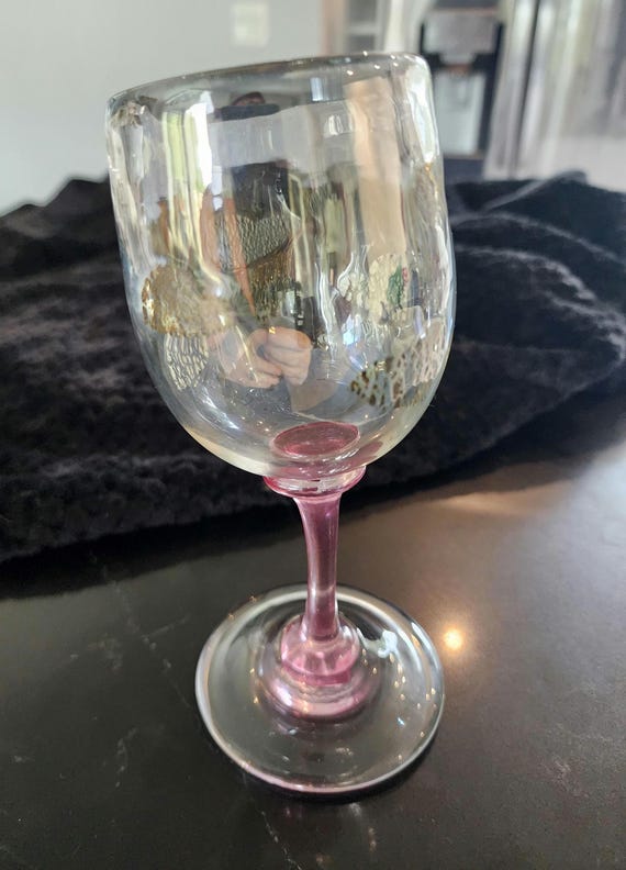 Hand-Blown Art Glass Goblet: Pink Stem, Gold Leaf, Slanted Wine Glass