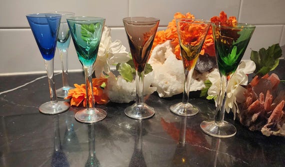 Mixed Set of 6 Vintage Hand Blown Cordial Glasses – Mid-Century Colored Barware
