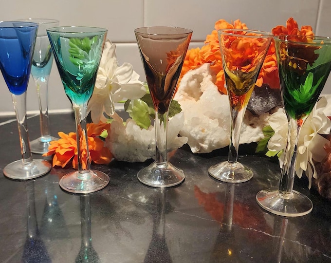 Featured listing image: Mixed Set of 6 Vintage Hand Blown Cordial Glasses – Mid-Century Colored Barware
