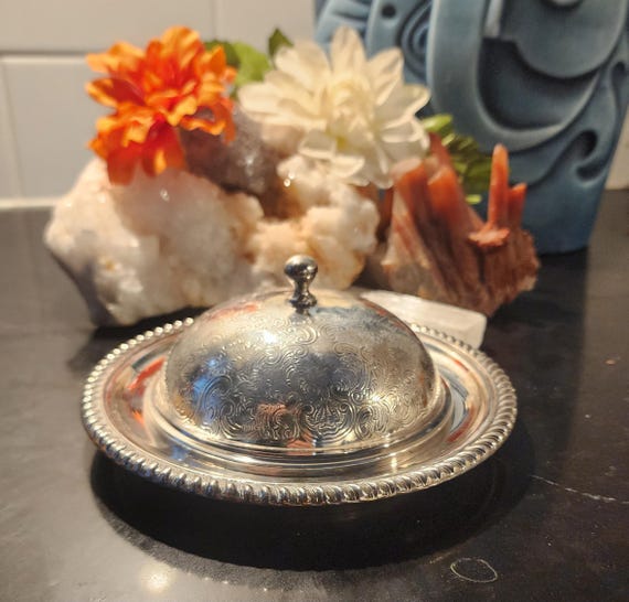 Vintage Birks Silver Plated Butter Dish with Dome, Ornate Scrollwork