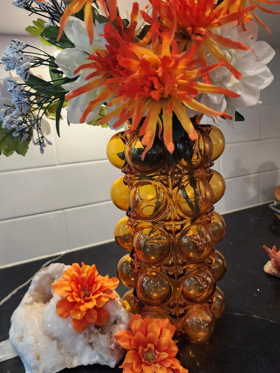 Vintage Amber Bubble Vase - 1972 Nemo Bohemian Glass by Borske Sklo