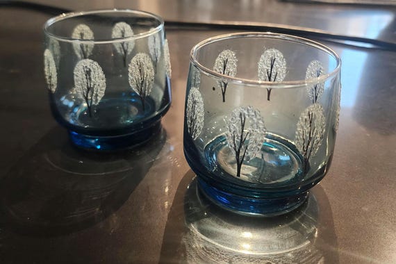 Set of 2 Mid-Century Dominion Glass Lowball Rocks Glasses – Blue Frosted Tree Pattern, Stackable