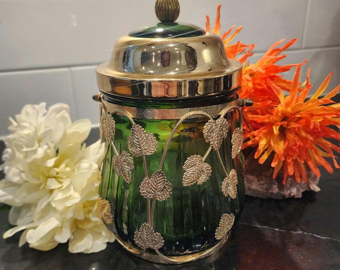 Featured listing image: Vintage Emerald Green Musical Biscuit Jar – Swan Lake Music Box, Mid-Century Decor