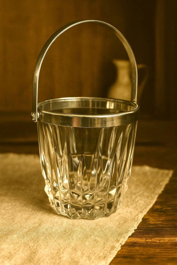 Vintage Lead Crystal Ice Bucket with Chrome Handle – Mid Century Cut Crystal Barware