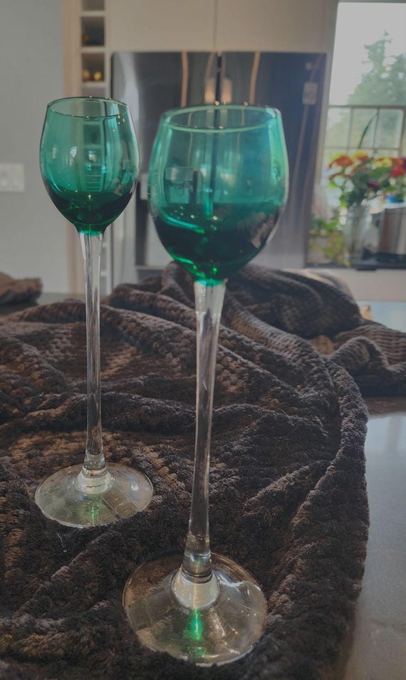 Roscher & Co. Emerald Green Cordial Glasses – Tall Stemware Set of 2 – Modern Vintage Barware
