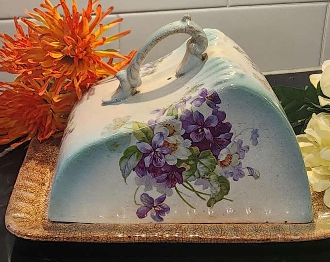 Featured listing image: Antique Crackle Glaze Butter Dish with Tray – Violet Floral Cottage Farmhouse Decor