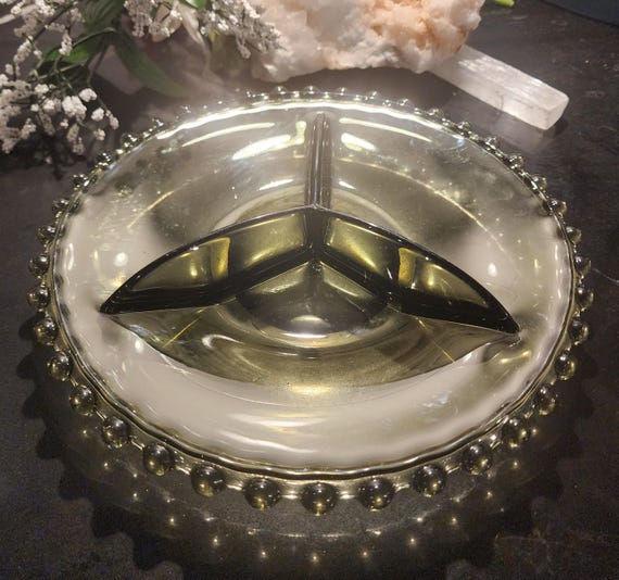 Vintage Amber Glass Relish Dish | Mid-Century Modern Beaded Serving Tray
