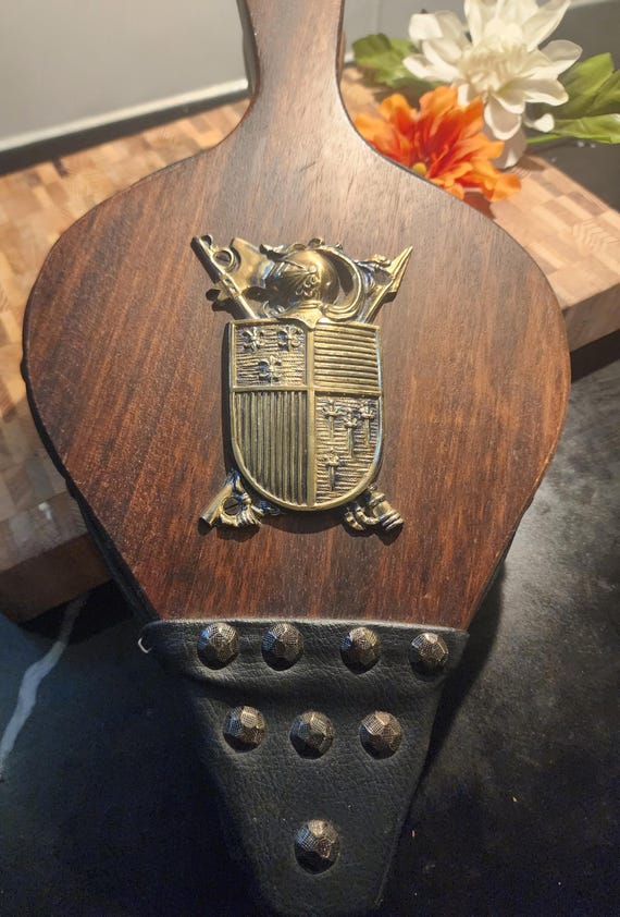 Vintage Fireplace Bellows – Wood & Leather, Brass Coat of Arms, Rustic Cabin Decor