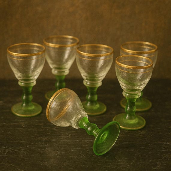 Vintage Green Stem Cordial Glasses - Gold Rimmed Liqueur Glassware Set of 6