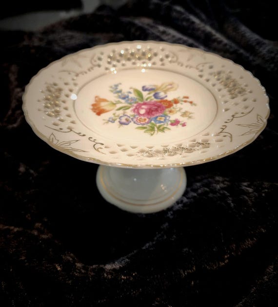 Vintage Reticulated Porcelain Compote: Floral Candy Dish, Gold Trim, Japan