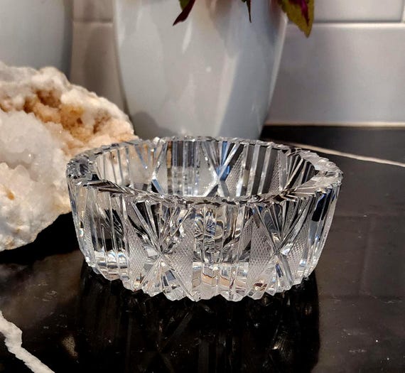 Vintage Lead Crystal Bowl: Starburst Base, Diamond Cut Candy Trinket Dish
