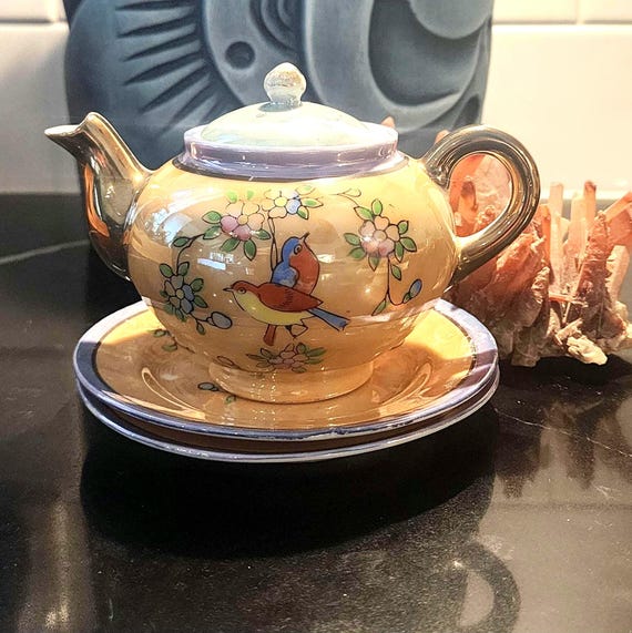 Vintage Lusterware Teapot Set: Hand-Painted Birds & Blossoms, Made in Japan