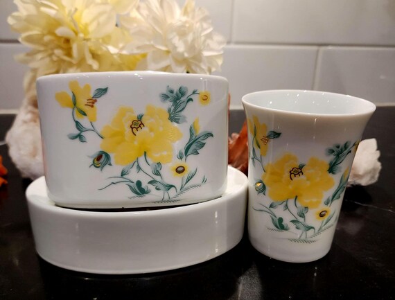 Vintage 1950s Floral Porcelain Vanity Set – Mid-Century Japan Bathroom Decor